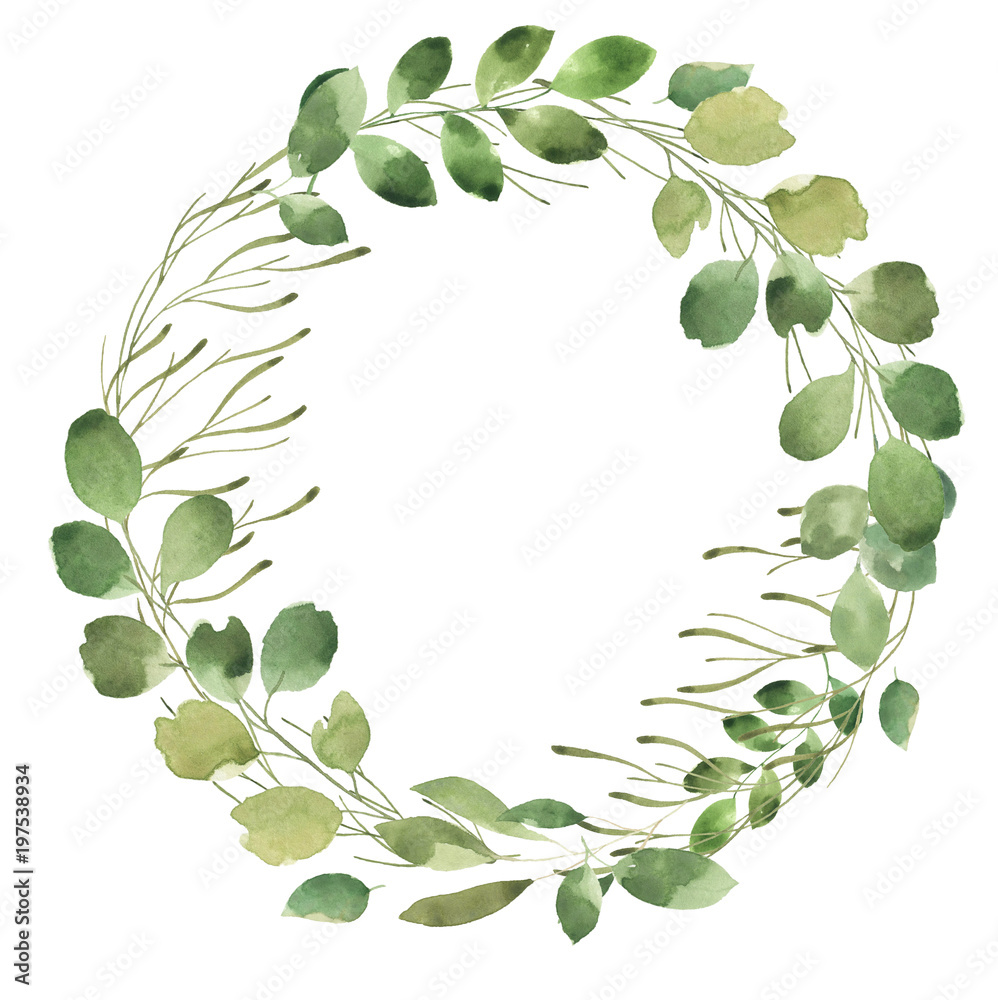 Leafy Leaf. Green watercolor flowers and florals wreath #1