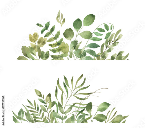 Fototapeta Naklejka Na Ścianę i Meble -  Leafy Leaf. Green watercolor flowers and florals border