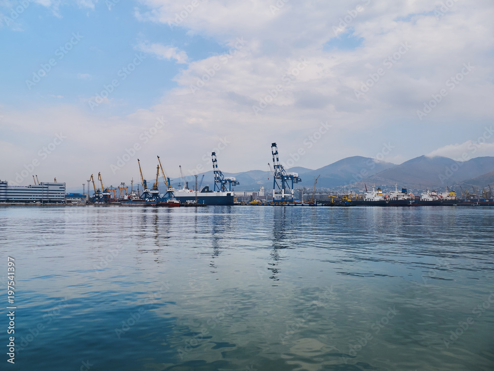 Container cranes in Tsemes Bay in Black Sea. Novorossiysk, Russia