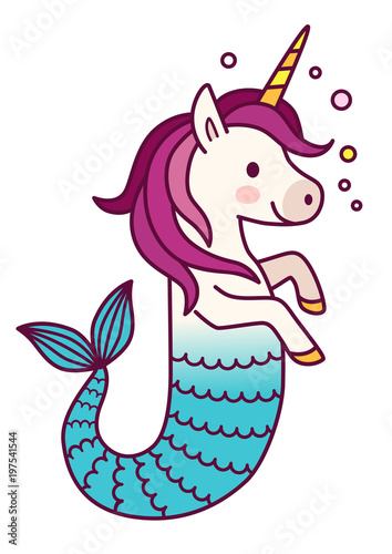Cute unicorn mermaid simple vector cartoon illustration. Magical creature with unicorn head and body and fish tail. Dreaming, magic, believe in yourself, fairy tale mythical theme design element