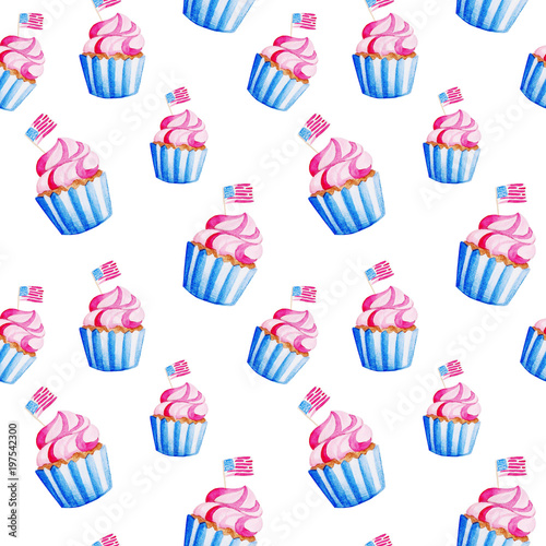 Independence of USA. Watercolor cupcake pattern for 4th of July. Illustration for holidays, print, banner