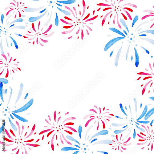 Watercolor frame for Fireworks festival. Holidays, 4th of July, United Stated independence day. Design for print, card, banner © masanyanka