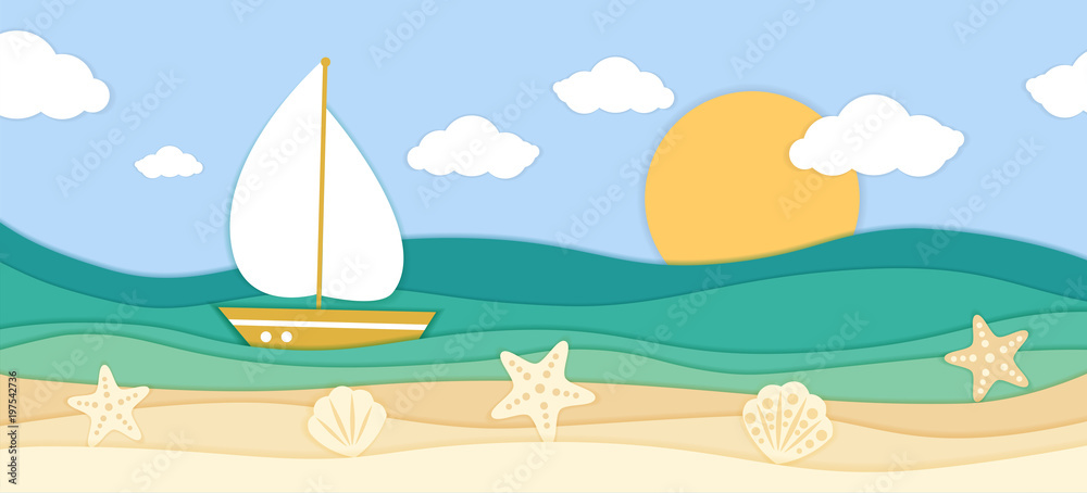 Sea waves, ship and tropical beach in paper art style. Travel concept vector illustration. Summer vacation poster in paper cut design.