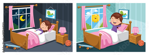 Vector Illustration Of Kid Sleeping And Waking Up