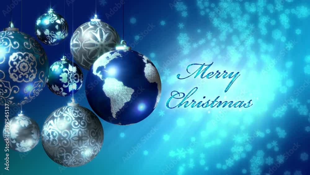 Merry Christmas in 5 languages with the world as an Xmas ball. The text 