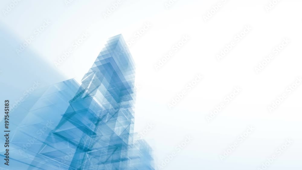 Abstract architecture. Loop section between 11:00-31:00 so you can extend or shorten duration. Modern urban city motion background with copy space. Low angle camera moves past transparent buildings.