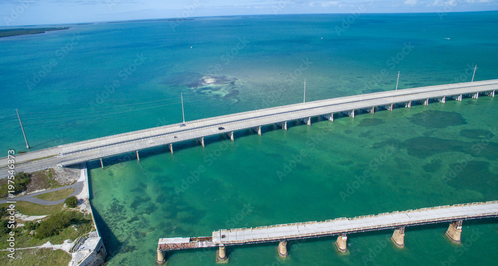 Aerial view of Broken Bridge and Overseas Highway in Bahia Honda state park, Florida