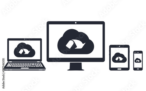 Cloud network on computer display laptop, tablet, smartphone icons