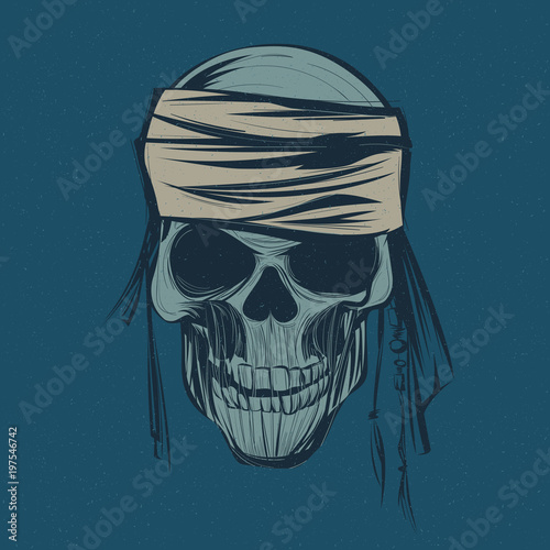 Hand drawn pirate skull with bandanna on blue background
