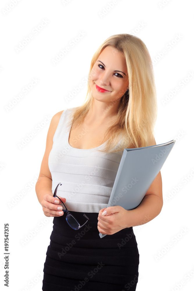 happy girl in business outfit and glasses holds grey folder happy girl in business outfit and glasses holds grey folder