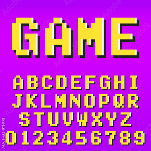Old pixel video game alphabet font template