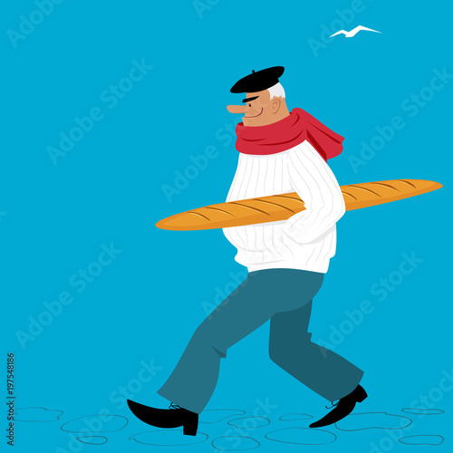Mature Frenchman cartoon character, carrying a baguette, EPS 8 vector illustration