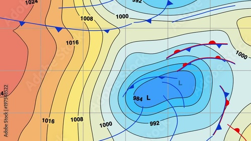 Animated weather forecast map with isobars, cold and warm fronts, high and low pressure systems and temperature color bands. In 4K and HD.