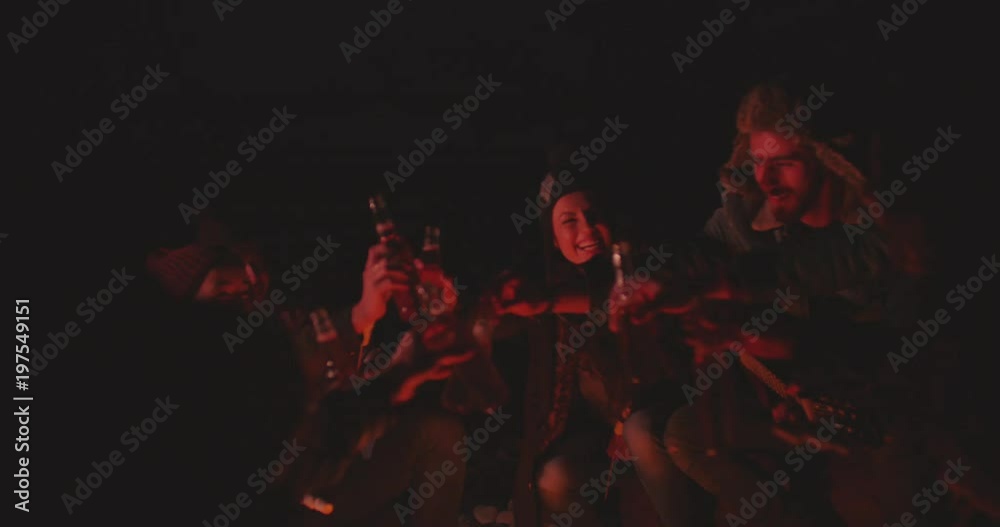 Young friends making a toast with beer around campfire