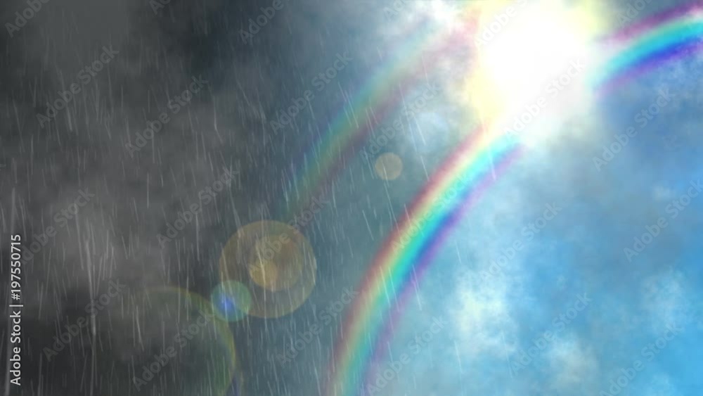 Heavy rain on the left, fine sunny weather on the right. Double rainbow in the centre. In 4K and HD.