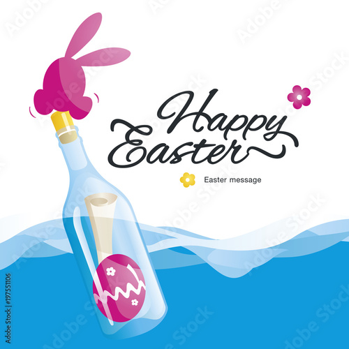 Happy Easter message in the bottle at the sea blue pink background