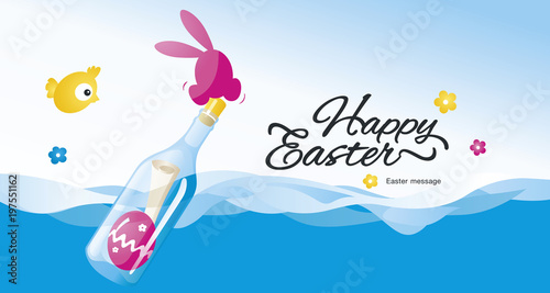 Happy Easter message in the bottle at the sea blue pink greeting card