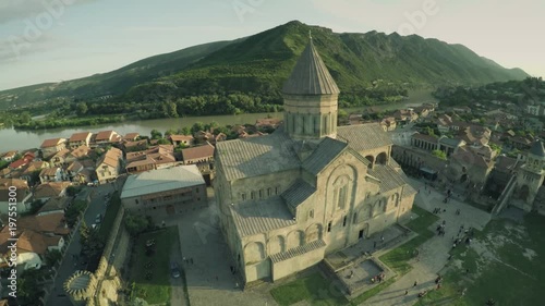 Mtskheta castle church Caucasus mountains river caucasian beauty nature georgia animals waterwall drone 4k