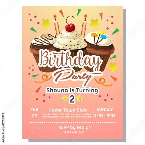 2nd birthday party invitation card with chocolate cupcake