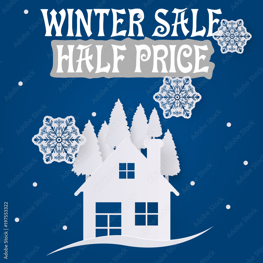 winter sale ads for holiday discount promotion banner with tree, house and snow in paper art style