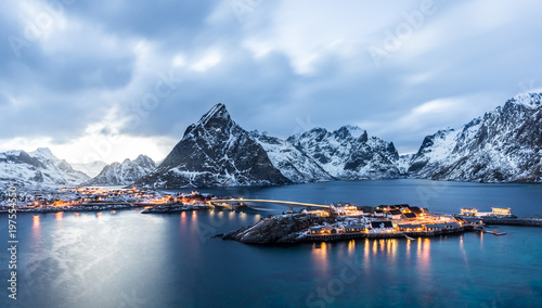 Sakrisoy, Lofoten, Norway at blue hour seen from the hill in front