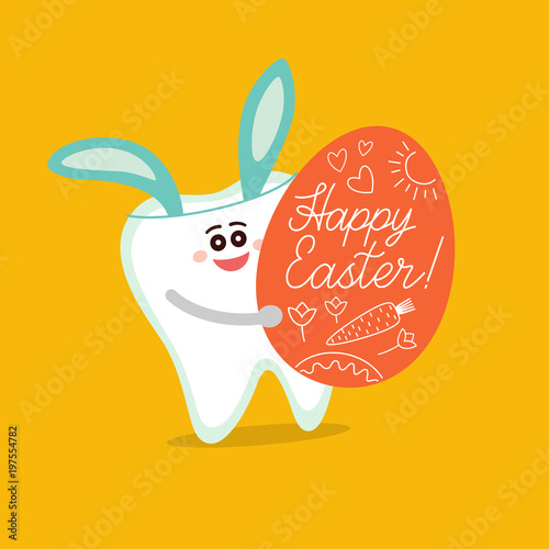 Cartoon tooth with bunny ears holds an Easter egg with greetings and drawings. Greeting card from dentistry. Happy Easter! Dental illustration on orange yellow background.