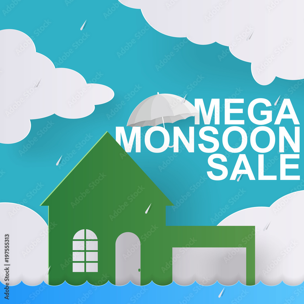 Rainy season sale offer for discount promotion banner with cloud, house, umbrella in paper art