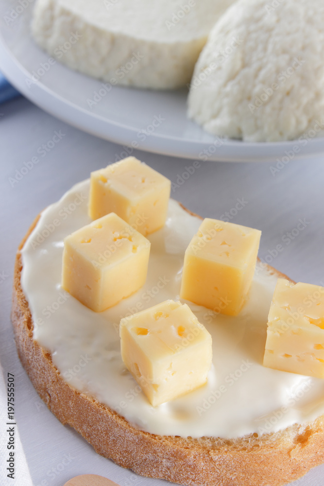 Cheese, dairy assortment on a white background, sandwich with soft cheese on a blue napkin, wooden background, wooden cutlery, top view, white cheese on a white plate, kefir in a glass, pop art