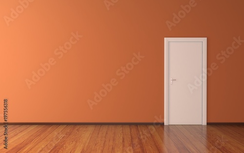 Empty room with wooden floor and white door on orange wall