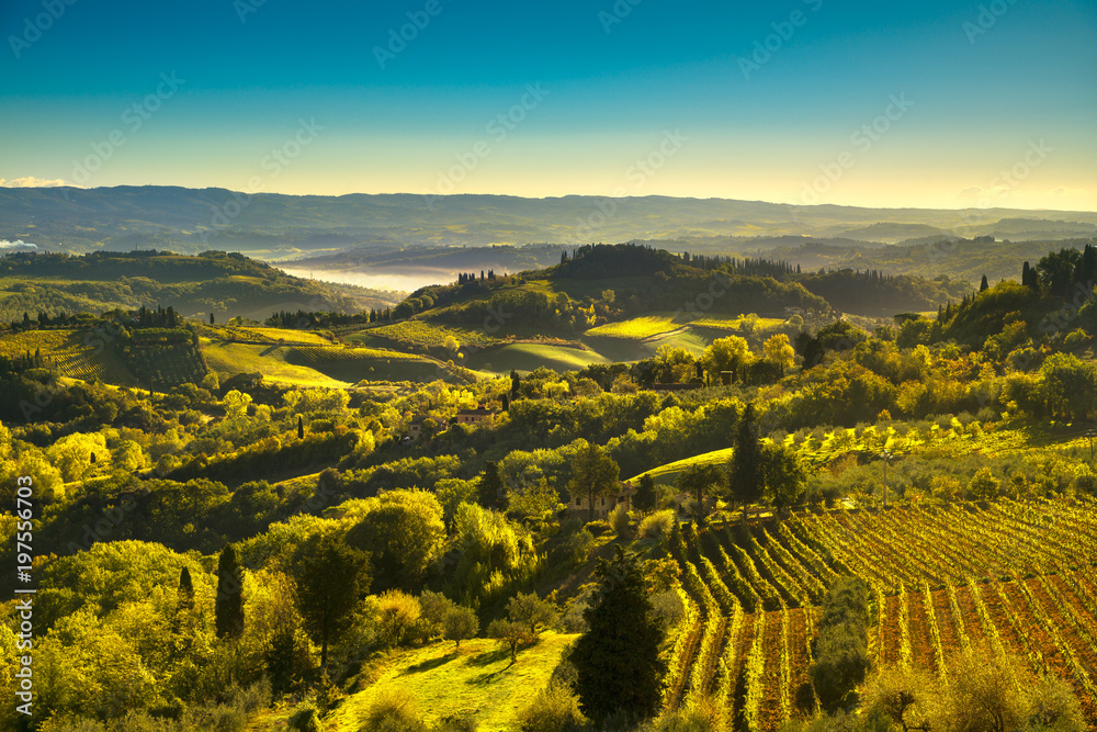 Panoramic view of countryside and chianti vineyards from San Gimignano. Tuscany, Italy