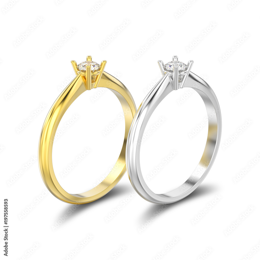 3D illustration two isolated yellow and white gold or silver traditional solitaire engagement diamond rings with shadow
