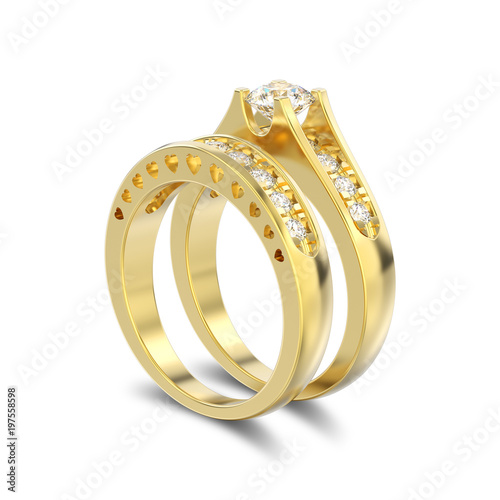 3D illustration isolated yellow gold two shanks decorative diamond ring with shadow