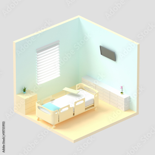 Isometric hospital room 3d rendering.Luxury patient bed,hospital equipment,flower pot .Modern hospital,health care concept.