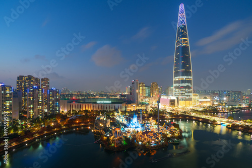 South Korea skyline of Seoul, The best view of South Korea with Lotte world mall at Jamsil in Seoul. photo