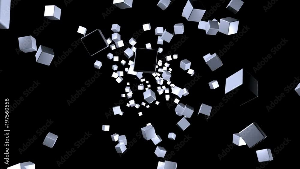 Background with simple cubes on black, moving and rotating to the center, Looping (3D Rendering) Background with simple cubes on black, moving and rotating to the center, Looping (3D Rendering)