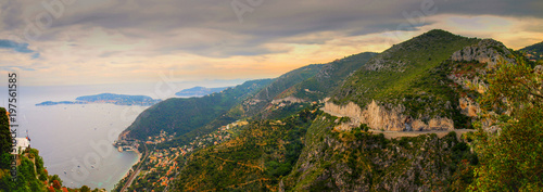 Panoramic view over the coastal line of Cote d'Azure and the Mediterranean Sea