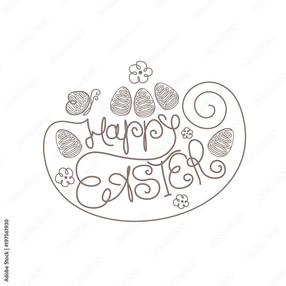 Happy Easter. Beautiful template of fine inscription line, flower with butterfly and easter eggs. Vector typography design.