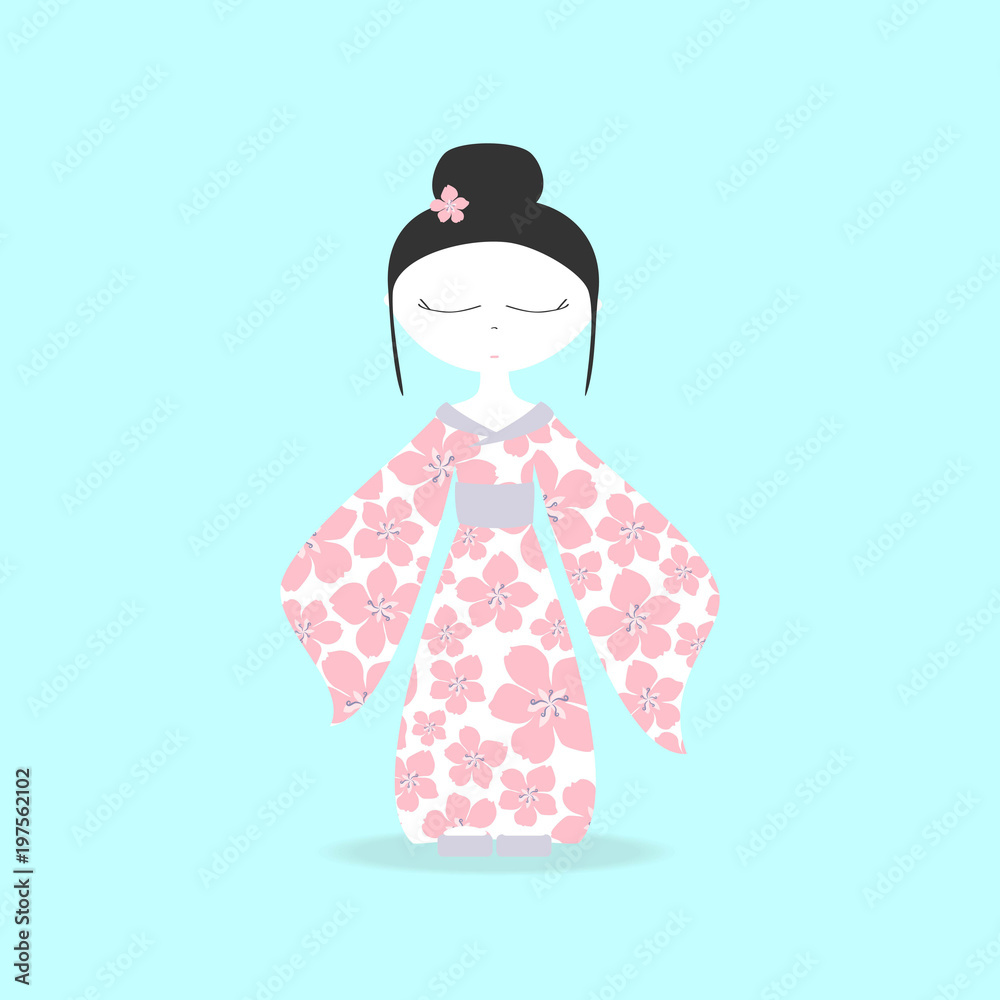 Card with Japanese girl, hanami festival, sakura blossom season. Vector illustration. Card with Japanese girl, hanami festival, sakura blossom season. Vector illustration.