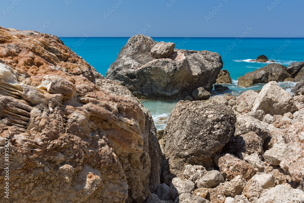 Amazing landscape of blue waters of Megali Petra Beach, Lefkada, Ionian Islands, Greece