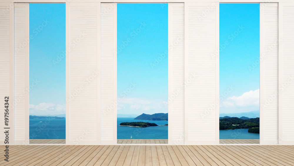 Fototapeta premium White door open to sea view in hotel or resort - simple design artwork for summer - 3D Rendering