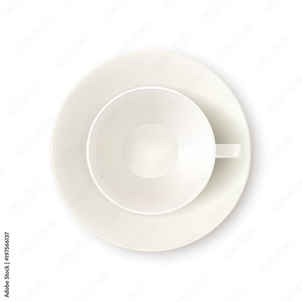 Vector realistic 3d illustration of white empty cup, isolated on white background. Tea or coffee mug on saucer, top view icon. Vector realistic 3d illustration of white empty cup, isolated on white background. Tea or coffee mug on saucer, top view icon.