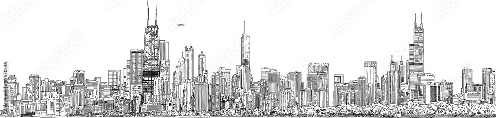 Fototapeta premium Ręcznie rysowane ilustracja. Panorama panoramę Chicago. Szczegółowy wygląd atramentu. Czarny i biały.