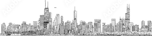 Hand drawn illustration. Panorama of the Chicago skyline. Detailed ink look and feel. Black and white.