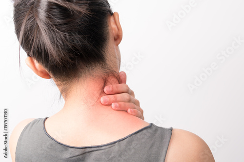closeup women neck and shoulder pain/injury with red highlights on pain area with white backgrounds, healthcare and medical concept