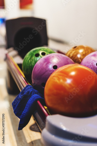 Bowling ball on the stand with a napkin