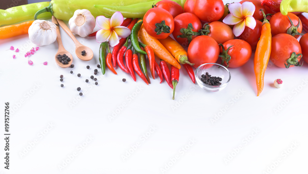 Asian ingredients food fresh spices Vegetable (tomato, chilli, garlic, pepper, plumeria) with space for text