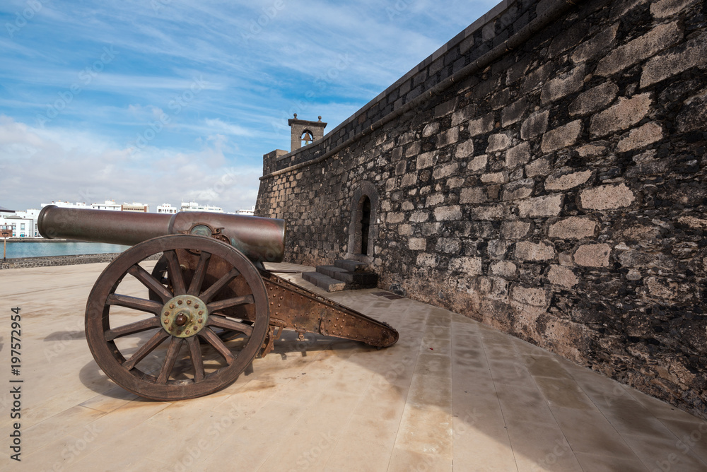 Ancient cannon and fortress in Arrecife city, Lanzarote, Canary islands, Spain.