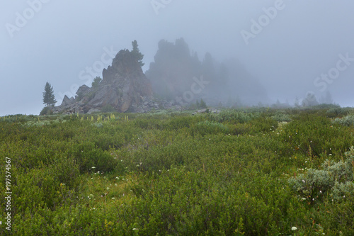 Castles of mountain spirits are cliffs in the fog located in vicinity of Karakol lakes. Altai Krai.