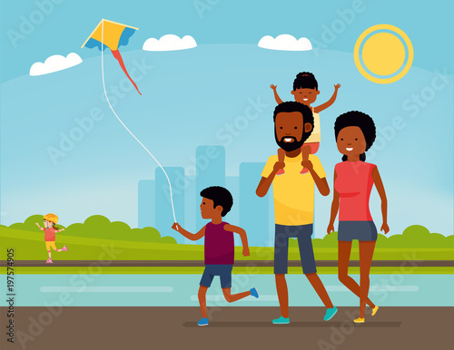 Family is having fun in a nature. African american family in the Park. Summer Vacation. Cartoon vector illustration. Sea tour. African american family. Flat cartoon illustration.