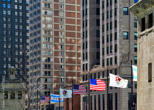Flags of the Country, State, and City fly on Michigan Avenue bridge during St. Patrick's Day festivities. photo